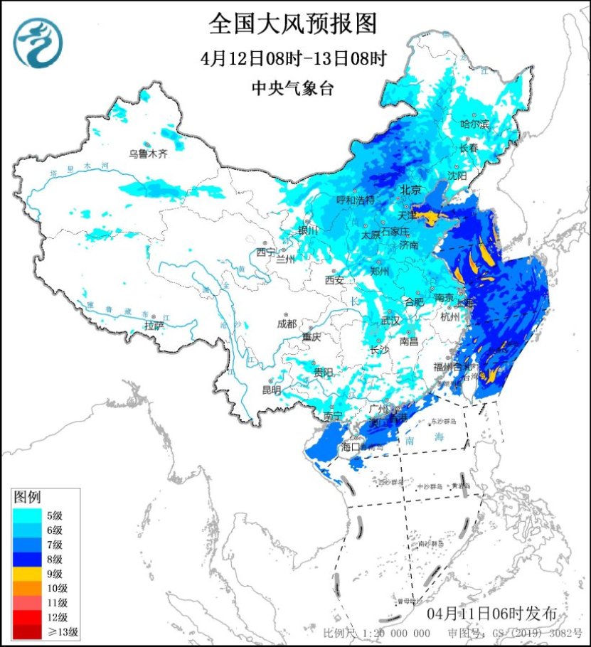 全国大风预报图（4月12日08时-13日08时）
